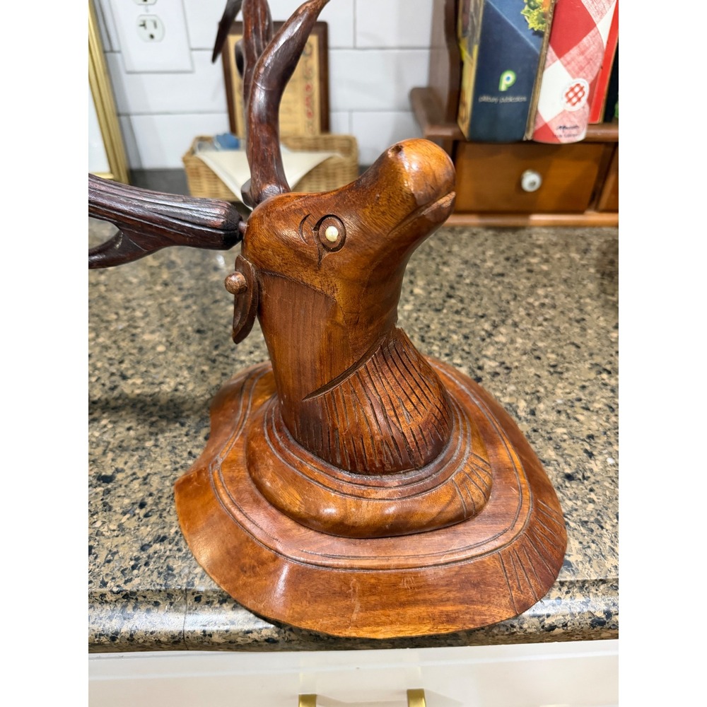 Vintage Hand Carved Wood Deer Head Wall Mount Antlers Rustic Lodge Decor 11 inch